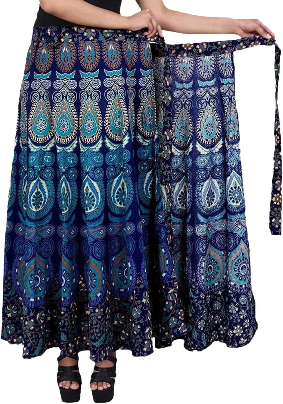 Rastogi Handicrafts Womens Bohemian Print Cotton Long Skirt Pareo Beach Wrap Cover up Elastic Waist One Size Waist 22"-39"