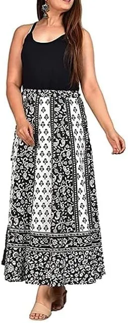 Rastogi Handicrafts Womens Bohemian Print Cotton Long Skirt Pareo Beach Wrap Cover up Elastic Waist One Size Waist 22"-39"