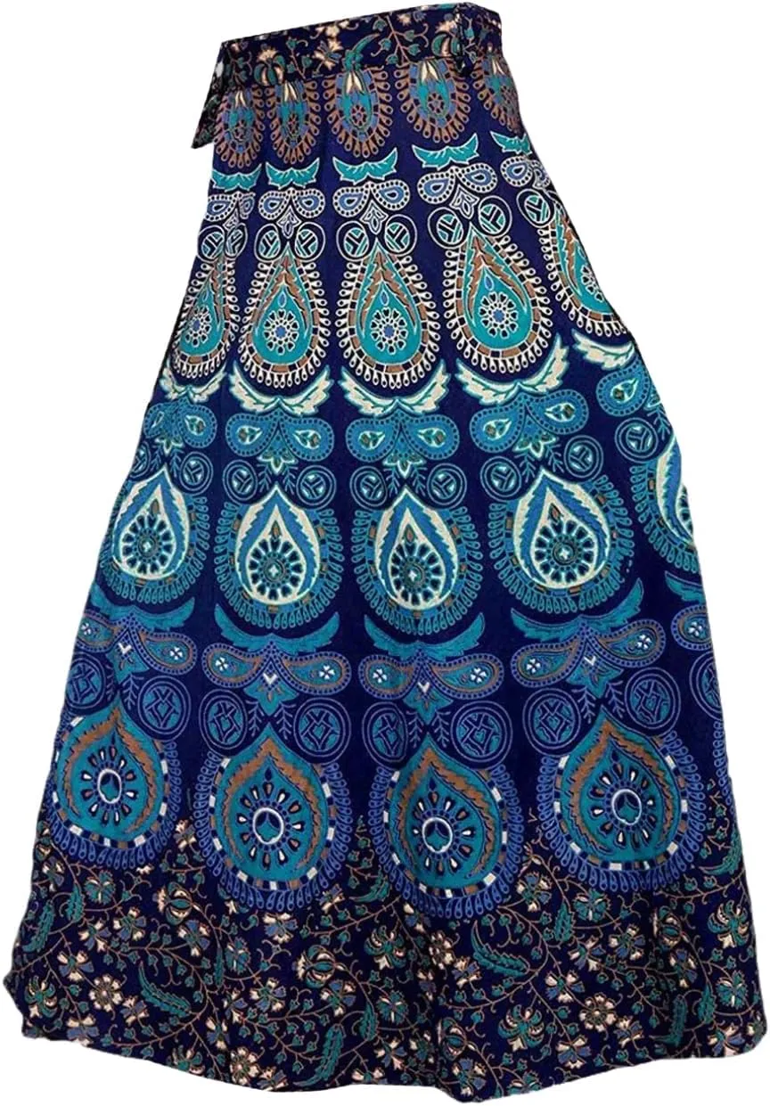 Rastogi Handicrafts Womens Bohemian Print Cotton Long Skirt Pareo Beach Wrap Cover up Elastic Waist One Size Waist 22"-39"