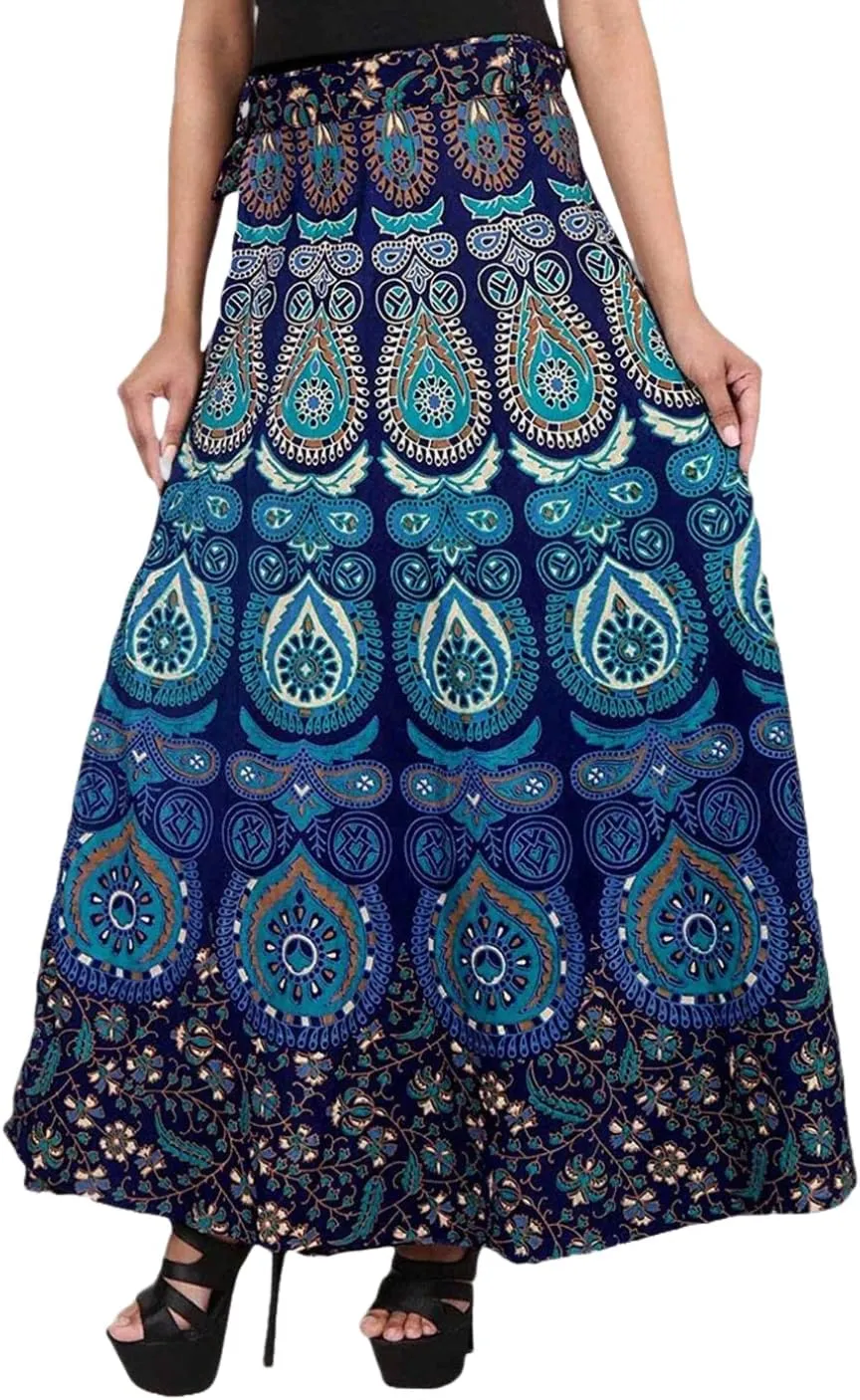 Rastogi Handicrafts Womens Bohemian Print Cotton Long Skirt Pareo Beach Wrap Cover up Elastic Waist One Size Waist 22"-39"