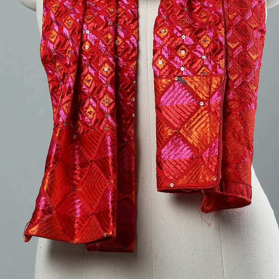 Red - Phulkari Silk Cotton Embroidered Stole 09