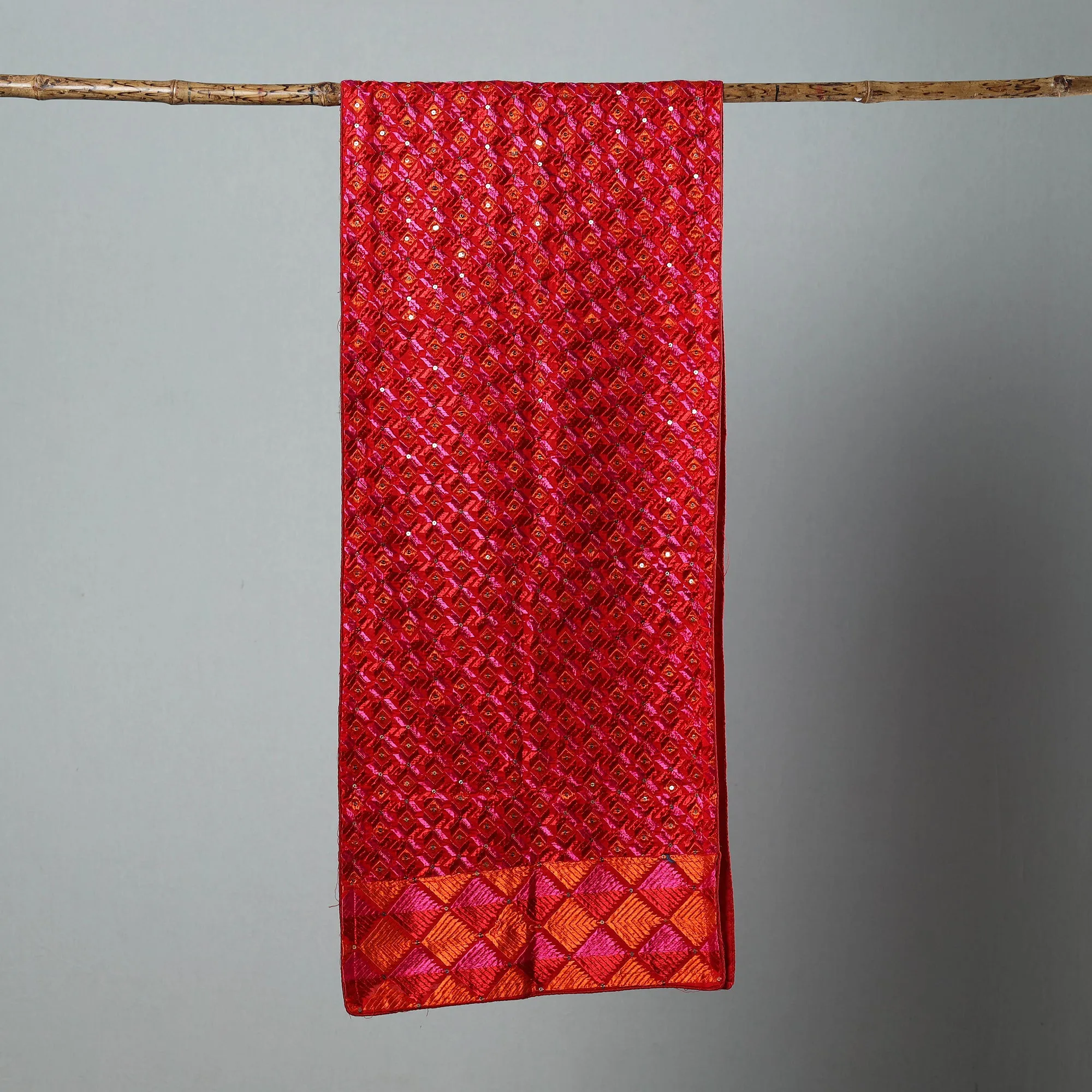 Red - Phulkari Silk Cotton Embroidered Stole 09