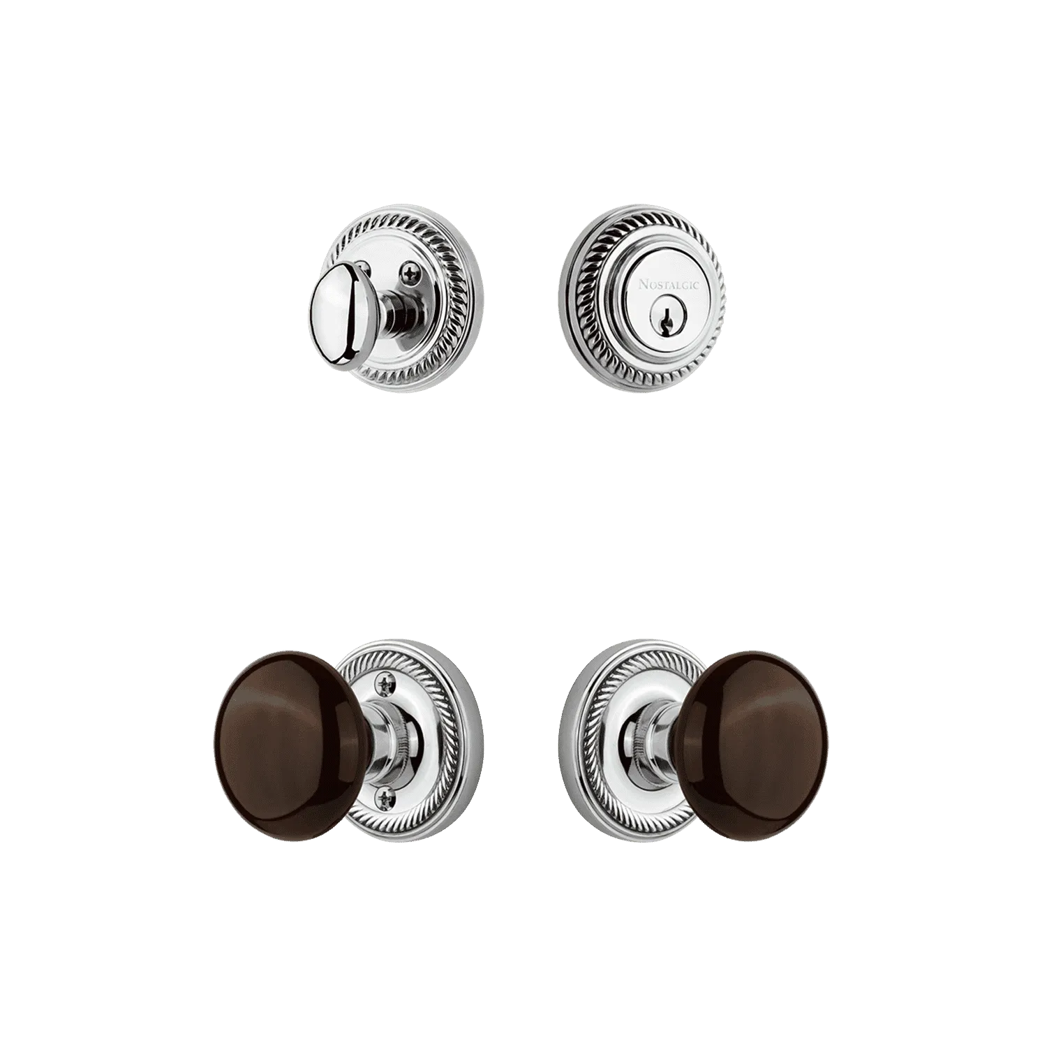 Rope Rosette Entry Set with Brown Porcelain Knob in Bright Chrome