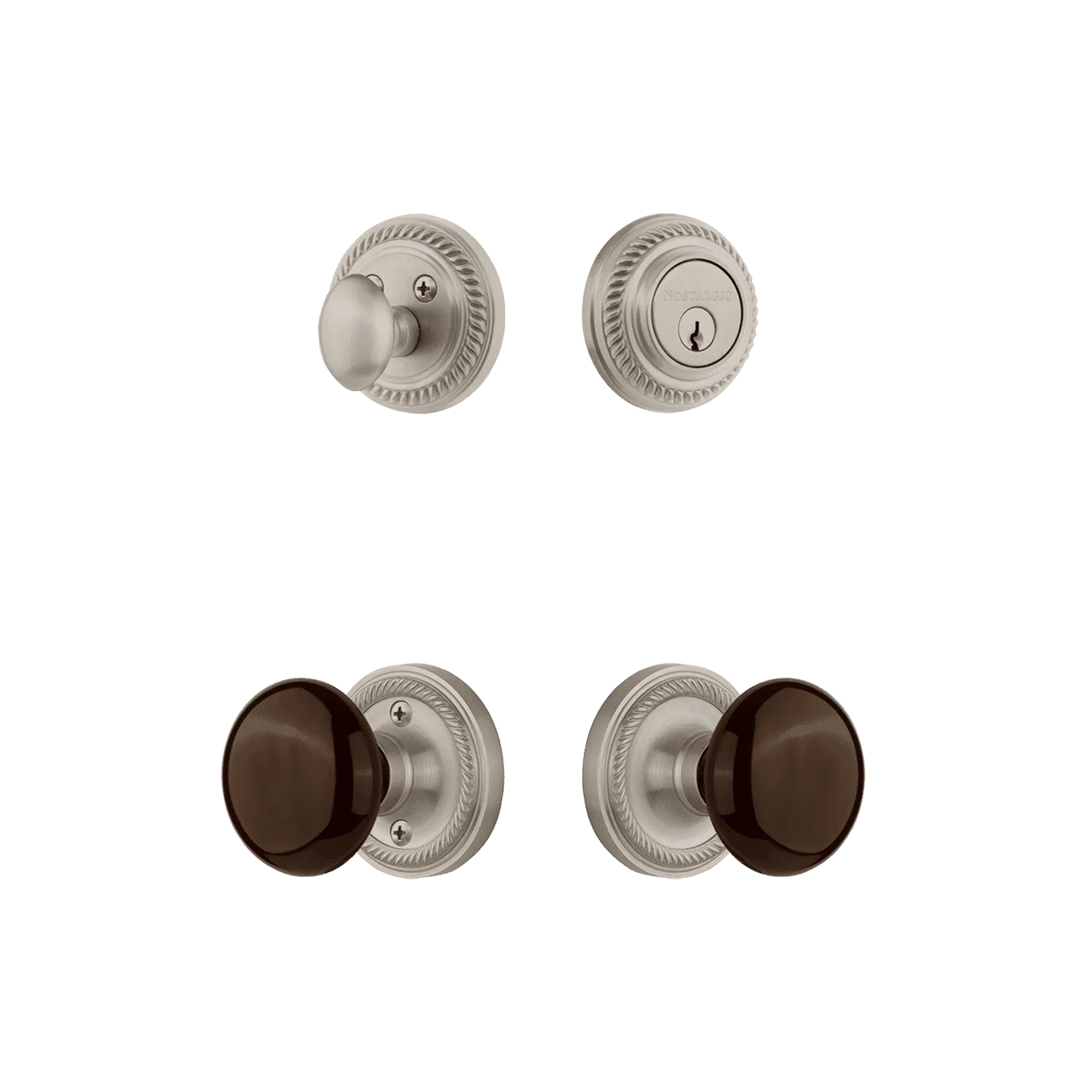 Rope Rosette Entry Set with Brown Porcelain Knob in Satin Nickel