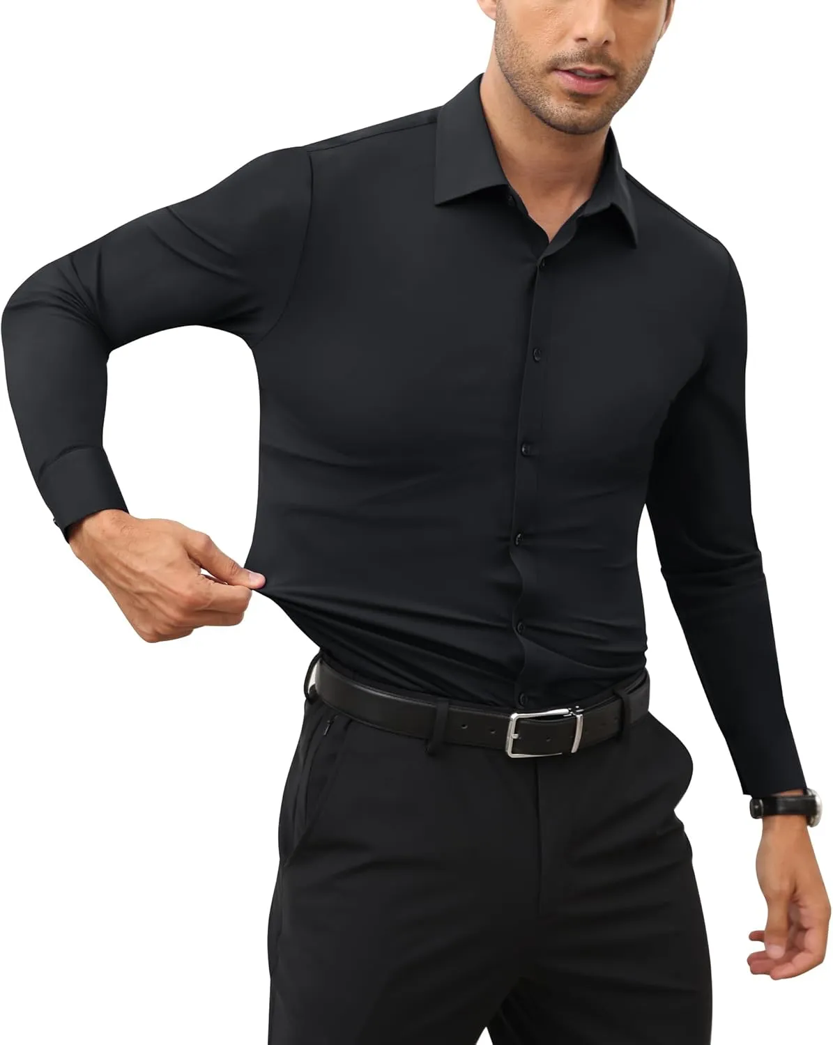 Stretch Mens Dress Shirts Long Sleeve Slim Fit Dress Shirts for Men Muscle Fit Wrinkle Free Button Down Shirt