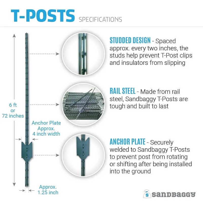 Studded Steel T-Post - Made of Tough Rail Steel - Green, 5 ft or 6 ft (Southern California Delivery)