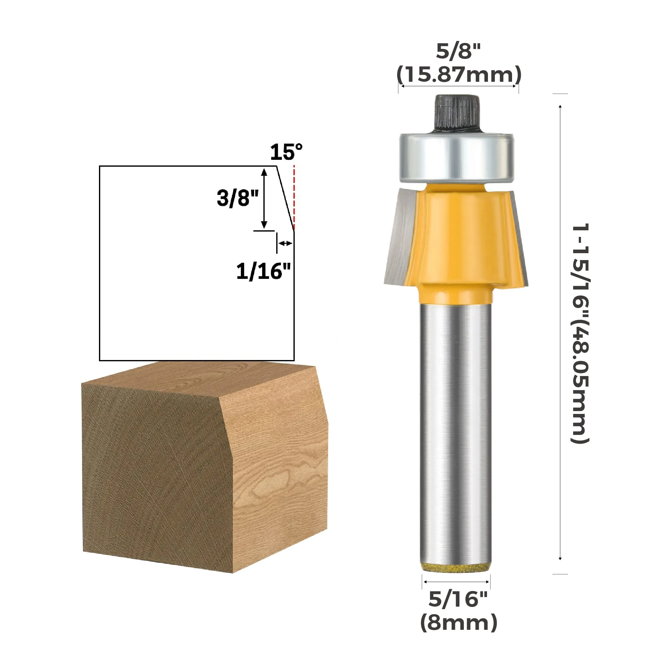 toolant Bevel Trim Router Bits for Edge Forming, 5/16-Inch Shank 5/8-Inch Dia 15 Degree, Carbide-Tipped Milling Cutter for Woodworking