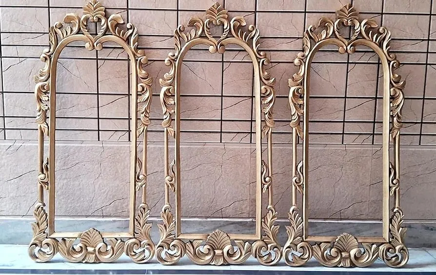 UNIVERSAL WOOD CRAFTS Ornate Gold-Toned Arched Wall Mirror Frame with Intricate Carving Design Frame, 22 x 36 Inches