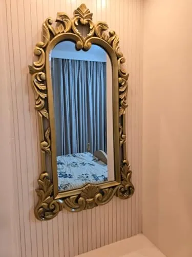 UNIVERSAL WOOD CRAFTS Ornate Gold-Toned Arched Wall Mirror Frame with Intricate Carving Design Frame, 22 x 36 Inches