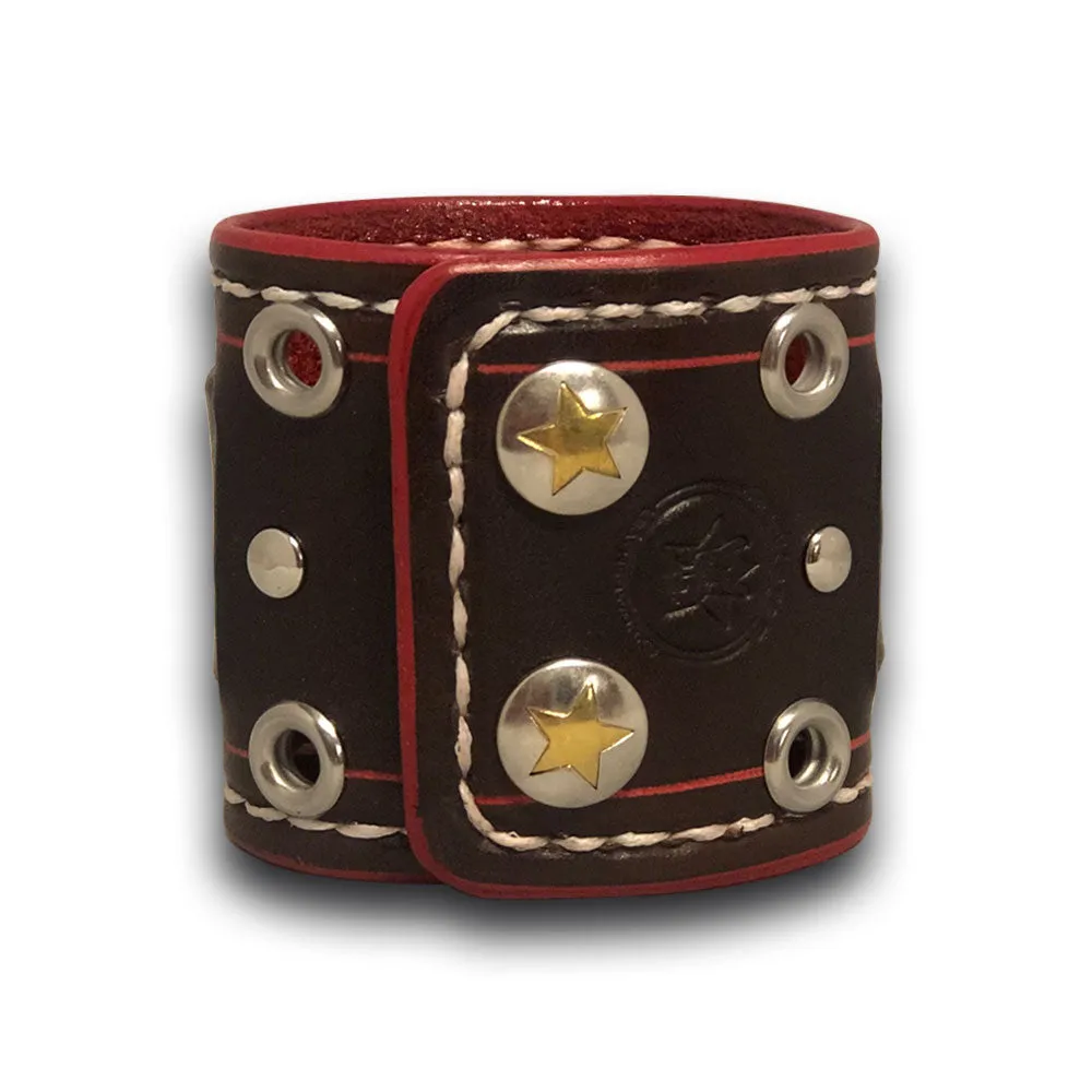 Wide Dark Brown and Red Leather Cuff Watch with Snaps