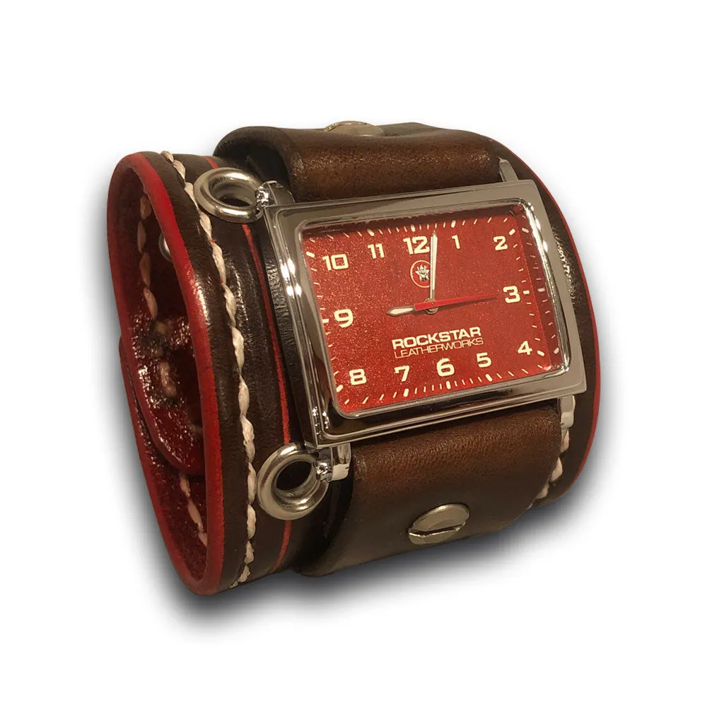 Wide Dark Brown and Red Leather Cuff Watch with Snaps