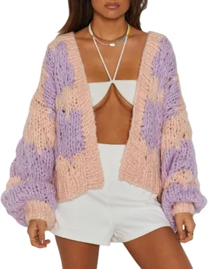 Women Chunky Cute Cardigan Cable Knit Oversized Open Front Sweaters Lantern Sleeve Loose Short Coats Outwear Vintage