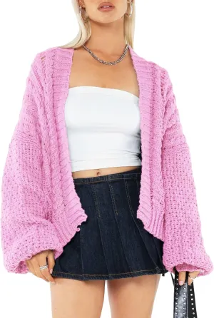 Women Chunky Cute Cardigan Cable Knit Oversized Open Front Sweaters Lantern Sleeve Loose Short Coats Outwear Vintage