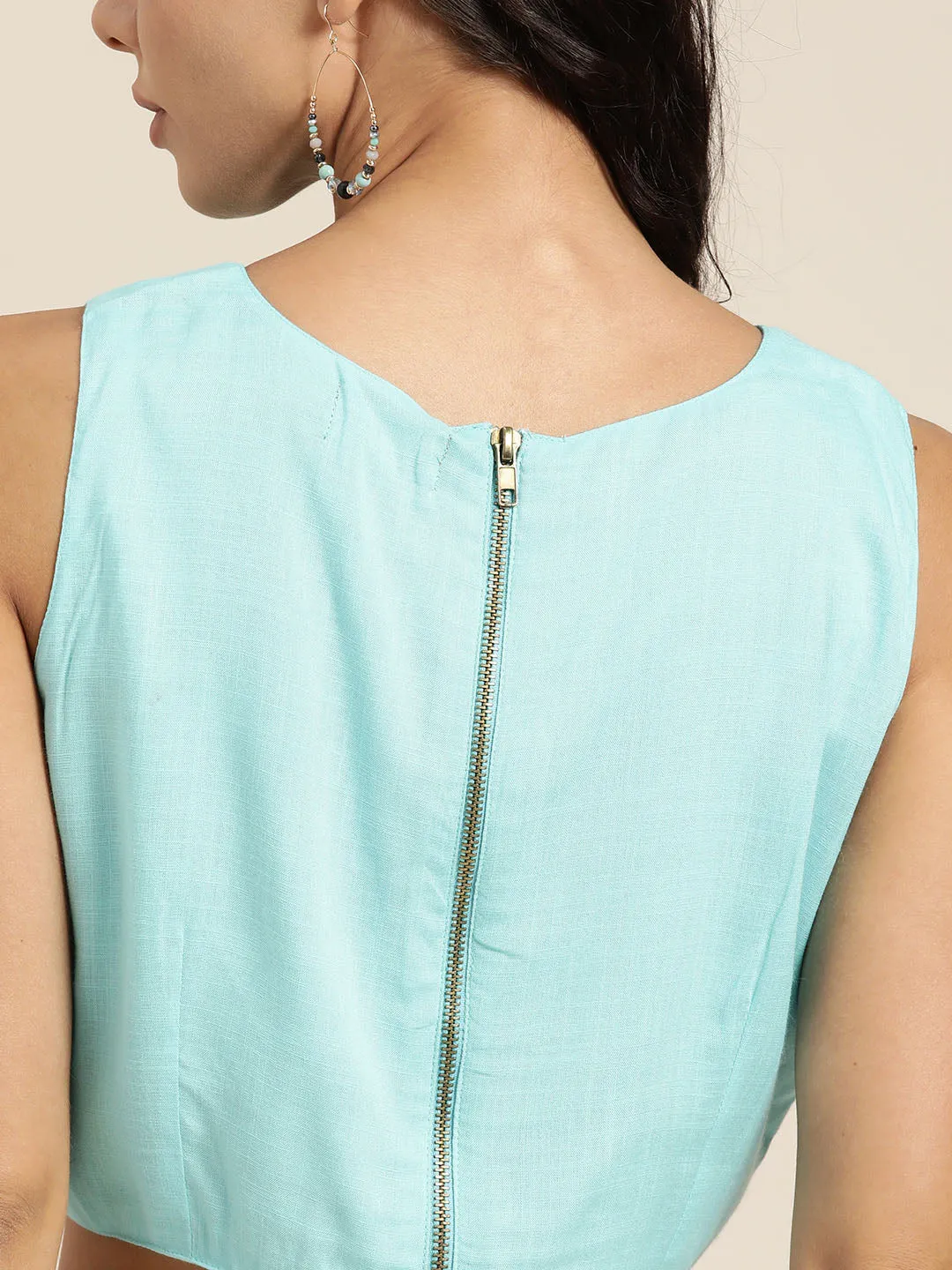 Women Green Motif Embrodery Liva Crop Top