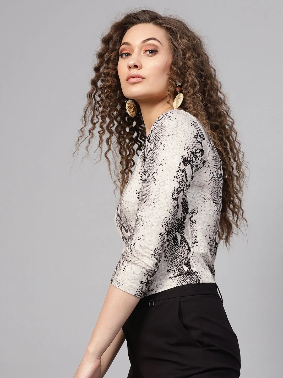 Women Off White Python Long Sleeve Crop Top