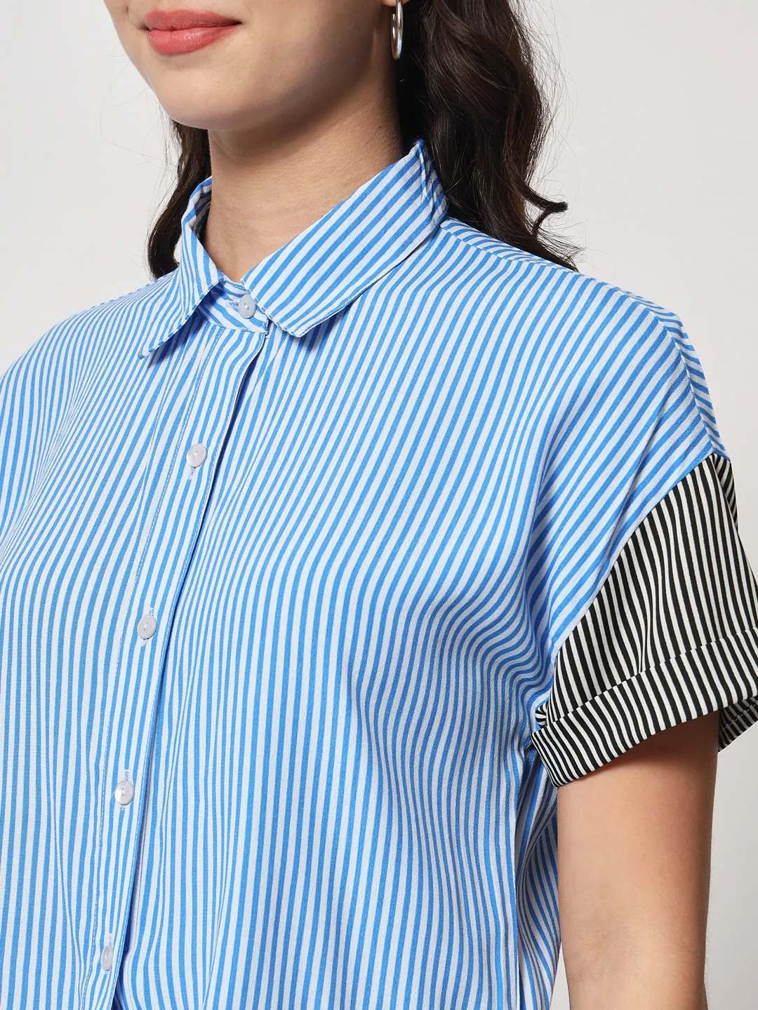 Women's Blue Striped Shirt Style Crop Top
