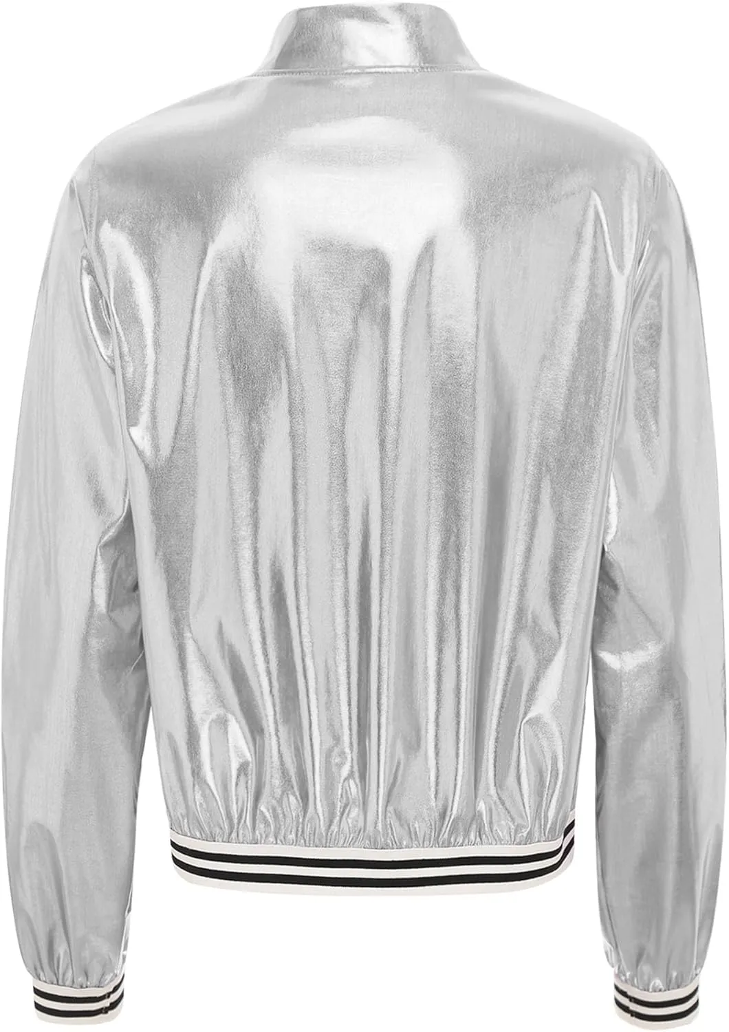 Women's Bomber Jacket Shiny Metallic Zip Up Striped Coat Outerwear Windbreaker Plus Size