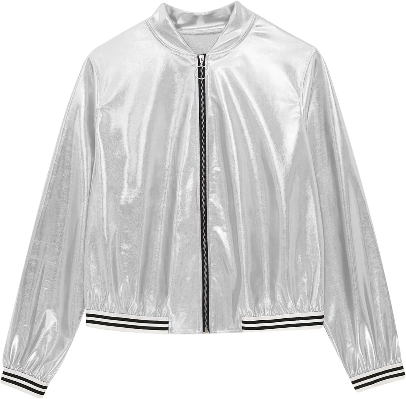 Women's Bomber Jacket Shiny Metallic Zip Up Striped Coat Outerwear Windbreaker Plus Size