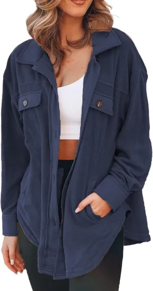 Womens Fleece Button Down Shacket Jacket Shirts Lapel Collar Long Sleeve Boyfriend Tops Casual Loose Fall Blouses