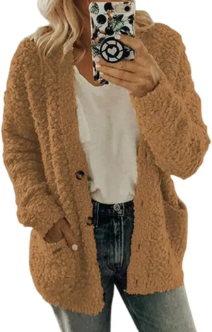 Womens Fuzzy Popcorn Long Sleeve Button Knit Cardigan Oversized Sherpa Sweater Lightweight Plus Size Winter Coat