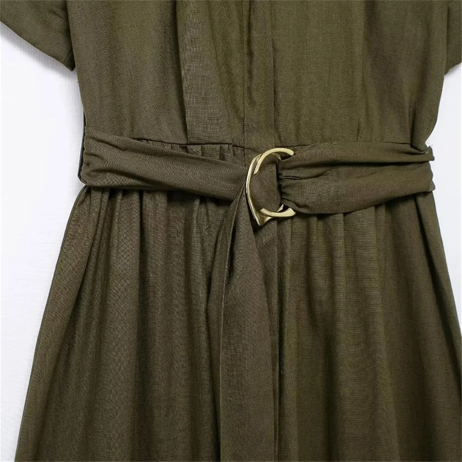 Womens Linen Blend Midi Dress Shirt Style Short Sleeve Elegant Workwear Office Flattering Dress