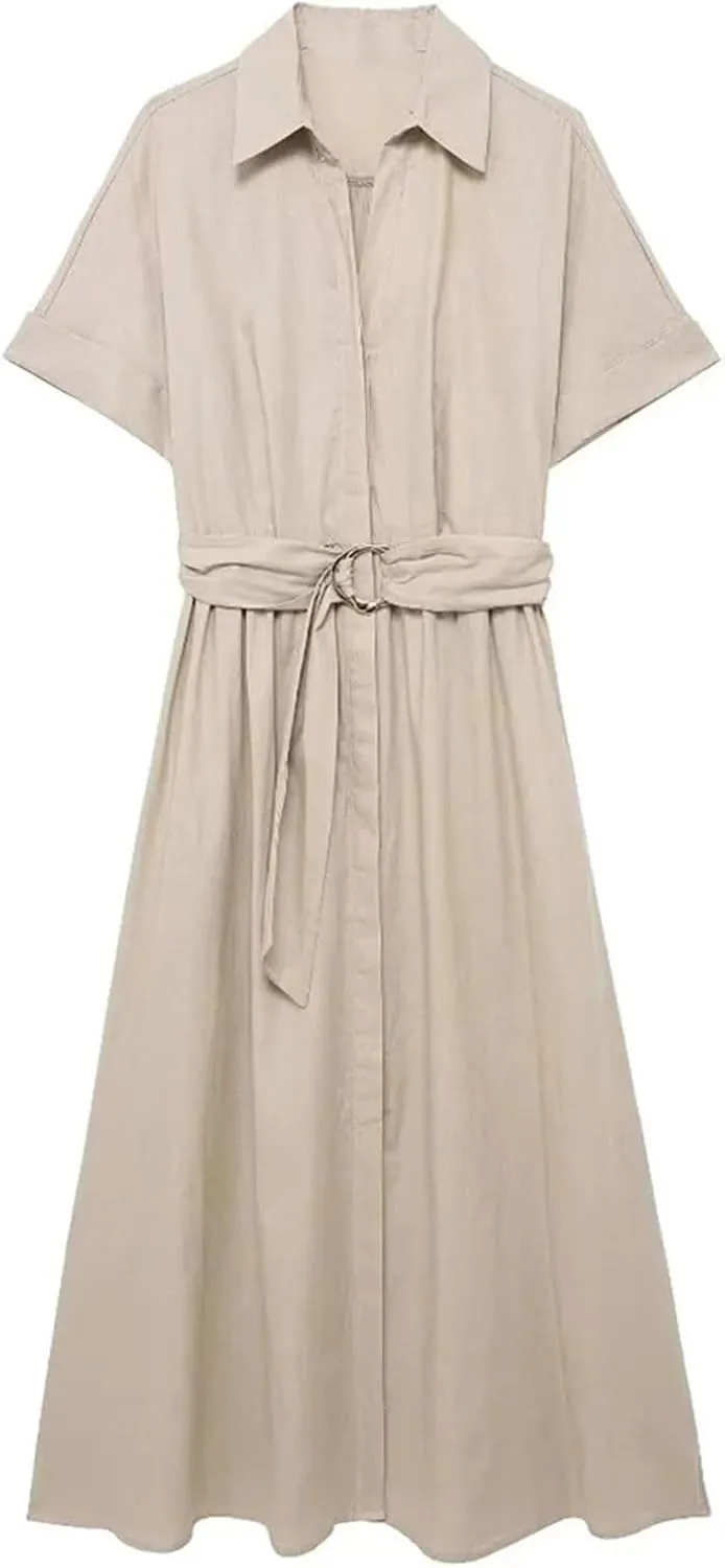 Womens Linen Blend Midi Dress Shirt Style Short Sleeve Elegant Workwear Office Flattering Dress