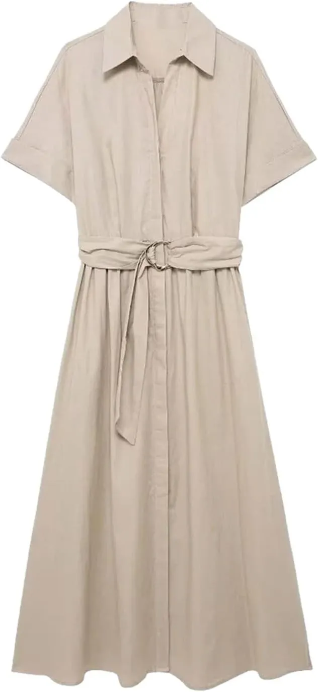 Womens Linen Blend Midi Dress Shirt Style Short Sleeve Elegant Workwear Office Flattering Dress