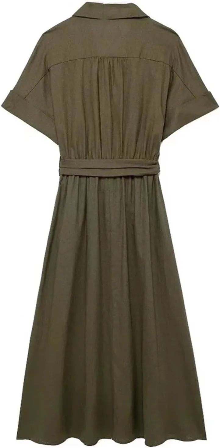 Womens Linen Blend Midi Dress Shirt Style Short Sleeve Elegant Workwear Office Flattering Dress