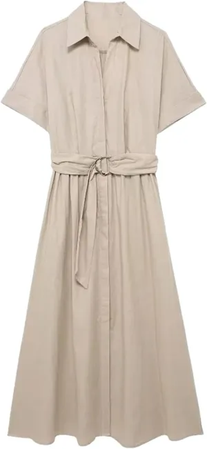 Womens Linen Blend Midi Dress Shirt Style Short Sleeve Elegant Workwear Office Flattering Dress