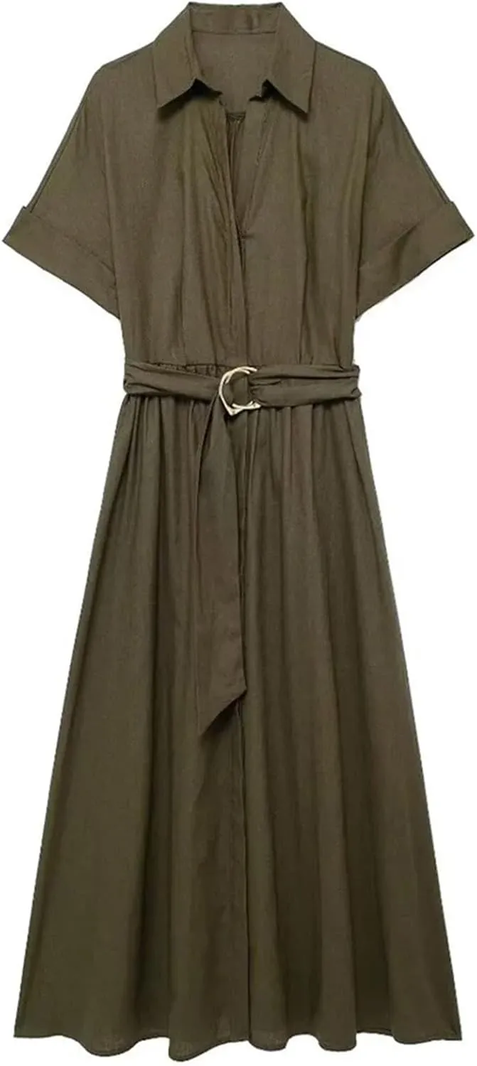 Womens Linen Blend Midi Dress Shirt Style Short Sleeve Elegant Workwear Office Flattering Dress