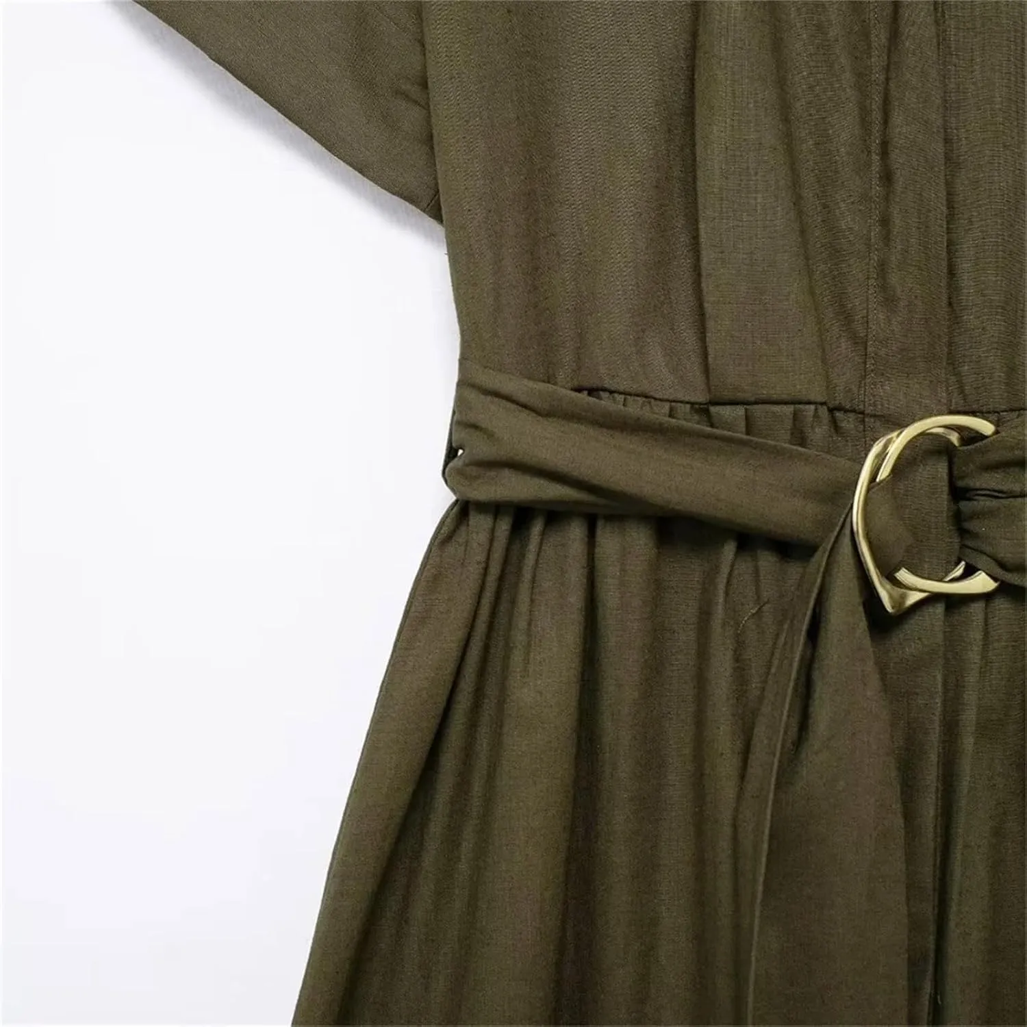 Womens Linen Blend Midi Dress Shirt Style Short Sleeve Elegant Workwear Office Flattering Dress