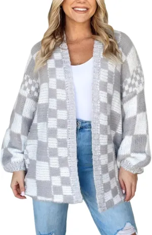 Womens Plaid Sweater Cardigan Checkered Button Down Contrast Long Sleeve Coats Cable Knit Oversized Sweaters Tops