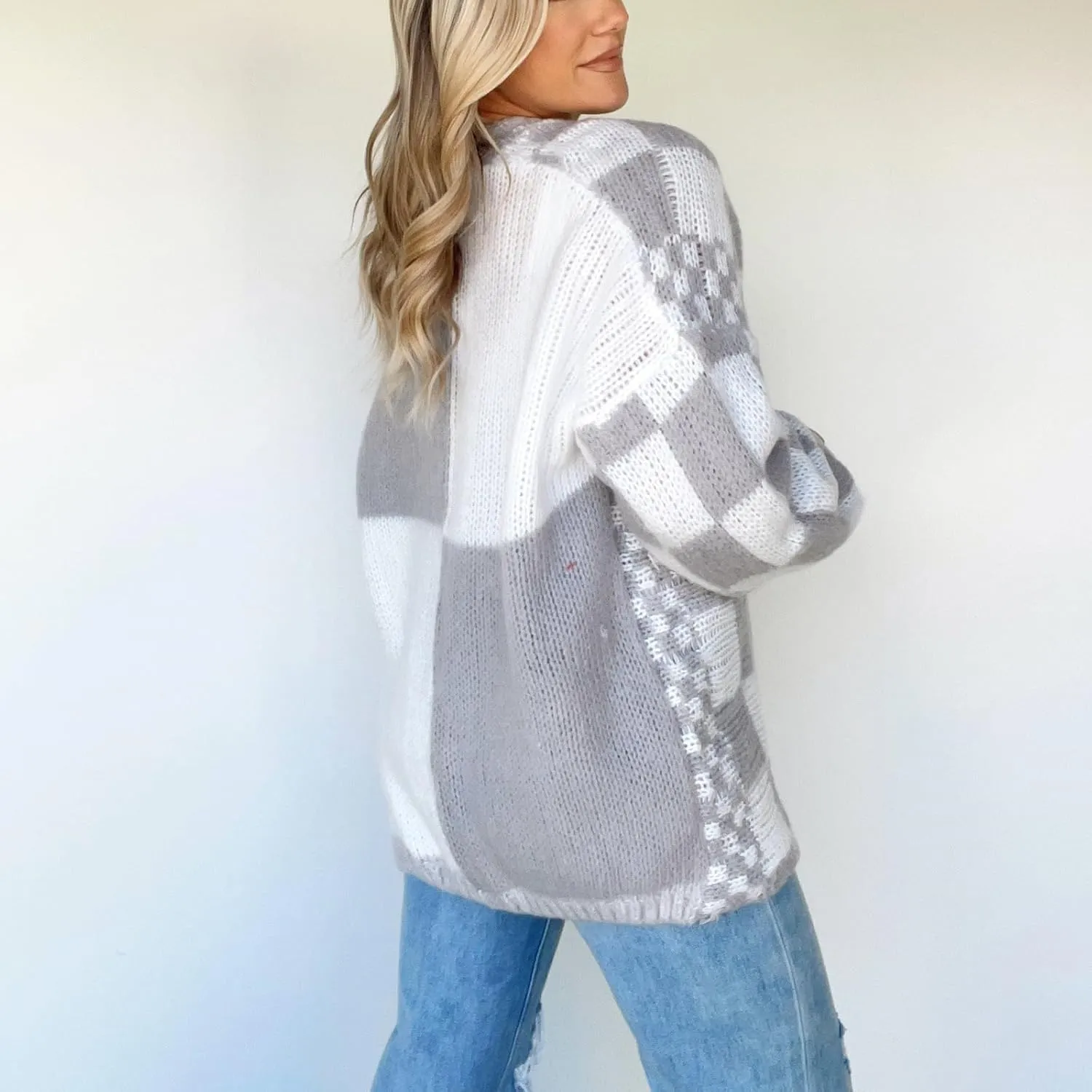Womens Plaid Sweater Cardigan Checkered Button Down Contrast Long Sleeve Coats Cable Knit Oversized Sweaters Tops