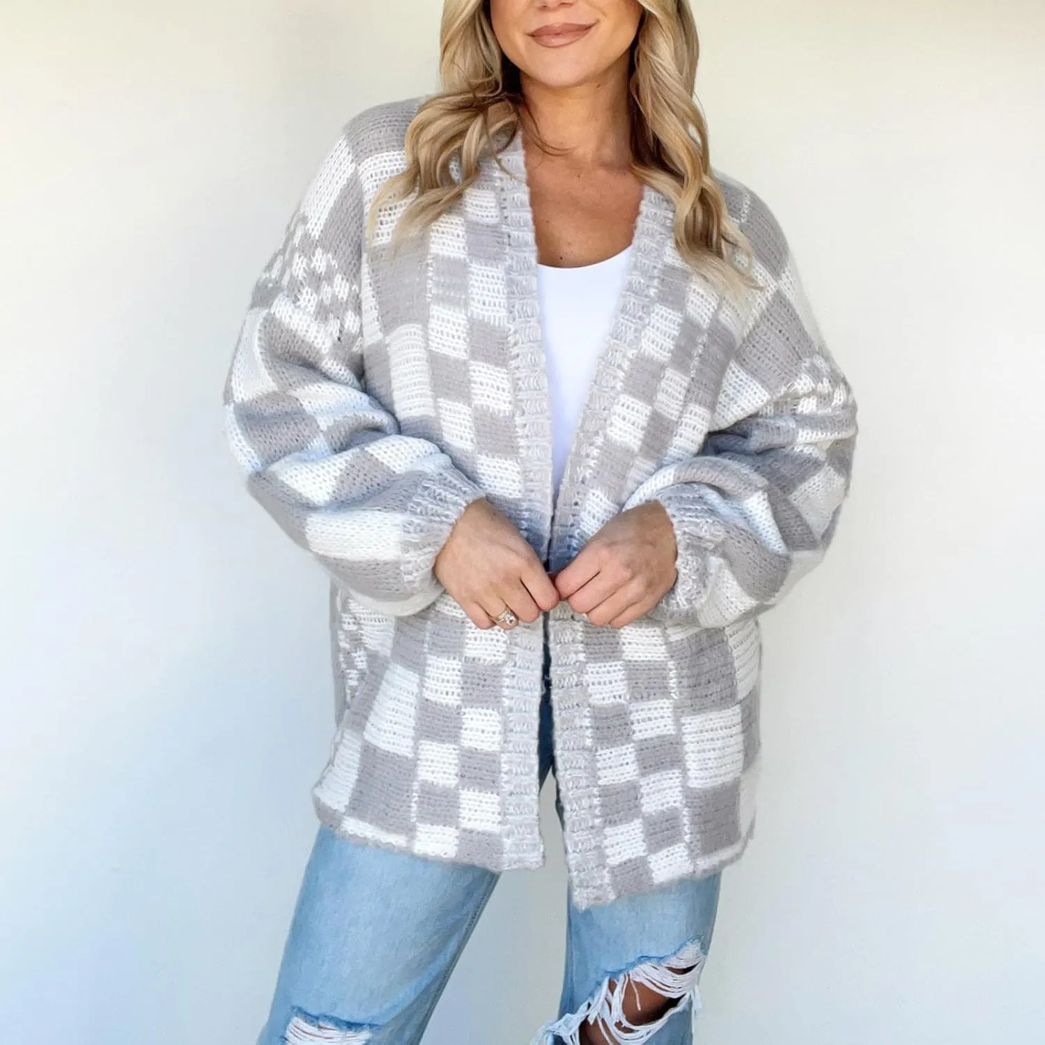 Womens Plaid Sweater Cardigan Checkered Button Down Contrast Long Sleeve Coats Cable Knit Oversized Sweaters Tops