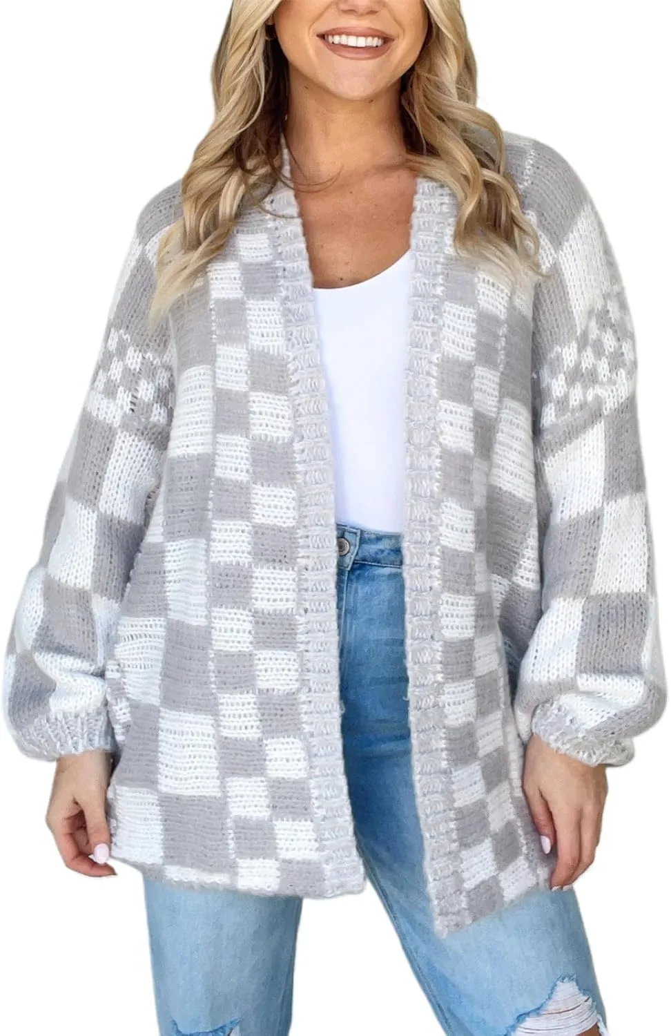 Womens Plaid Sweater Cardigan Checkered Button Down Contrast Long Sleeve Coats Cable Knit Oversized Sweaters Tops