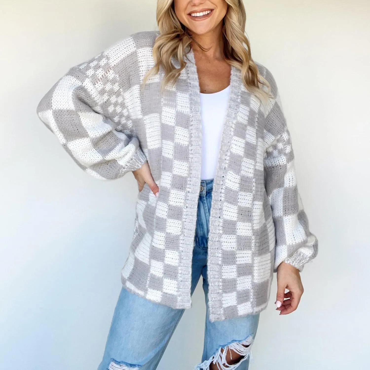 Womens Plaid Sweater Cardigan Checkered Button Down Contrast Long Sleeve Coats Cable Knit Oversized Sweaters Tops