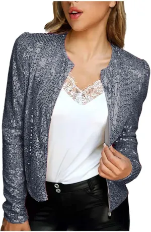 Womens Sequin Blazer Jacket Casual Long Sleeve Open Front Zip Up Sparkle Bomber Jackets for Evening Party