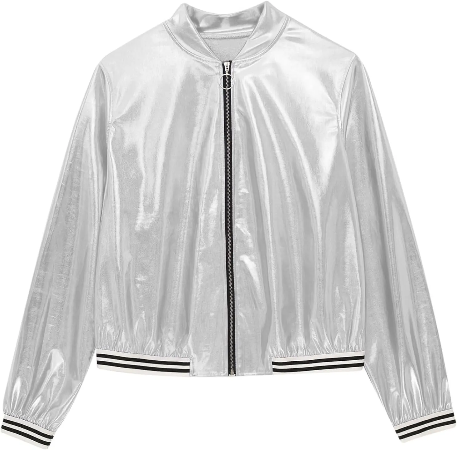 Women's Sparkly Holographic Lightweight Bomber Jacket Shiny Metallic Zipper Up Coat Outerwear