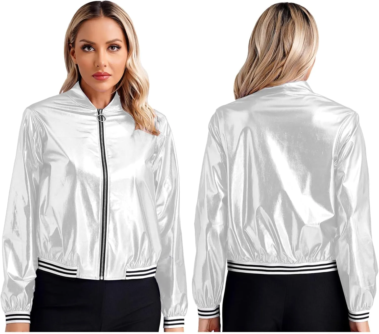Women's Sparkly Holographic Lightweight Bomber Jacket Shiny Metallic Zipper Up Coat Outerwear