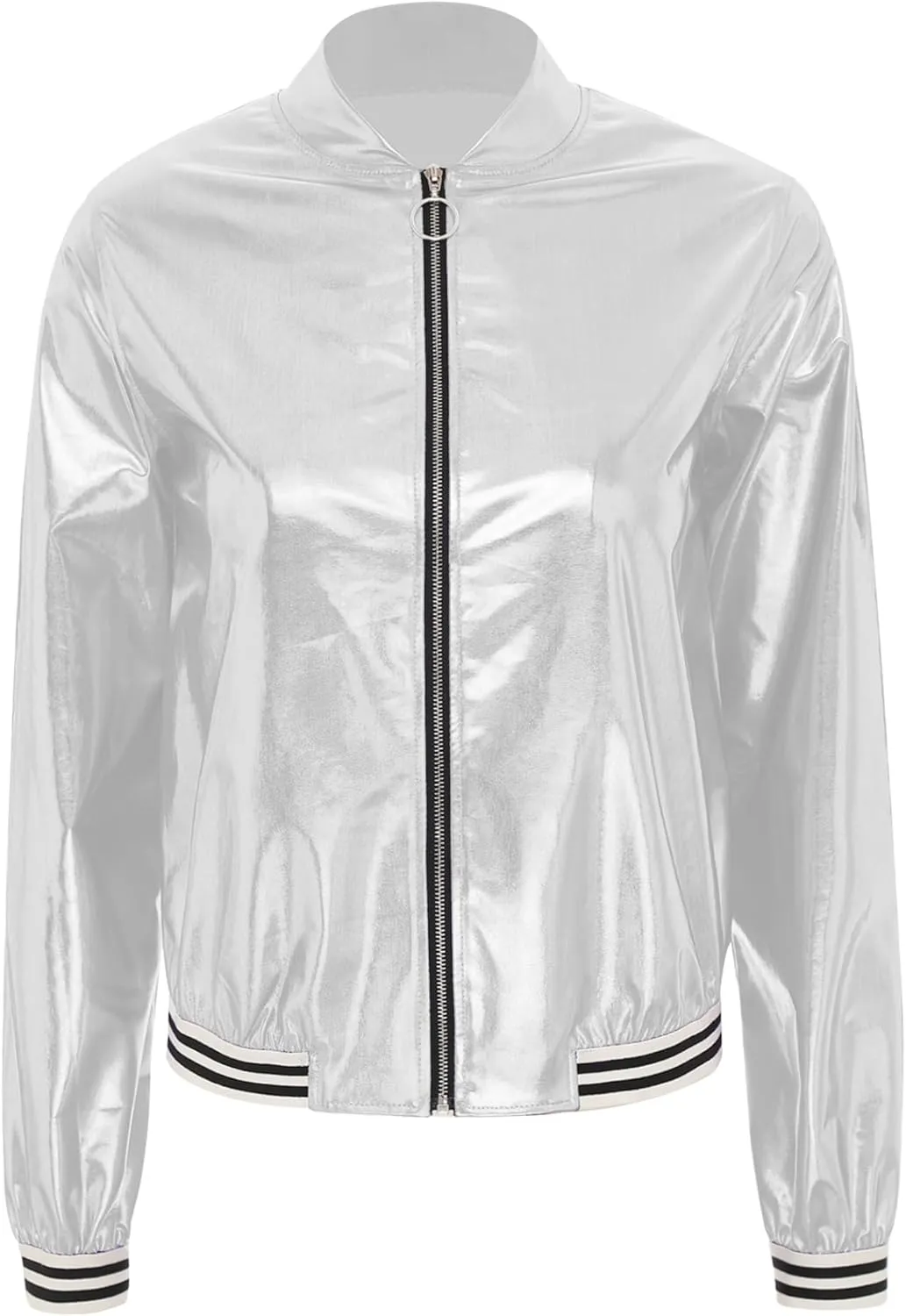 Women's Sparkly Holographic Lightweight Bomber Jacket Shiny Metallic Zipper Up Coat Outerwear