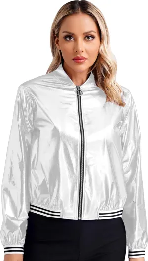 Women's Sparkly Holographic Lightweight Bomber Jacket Shiny Metallic Zipper Up Coat Outerwear