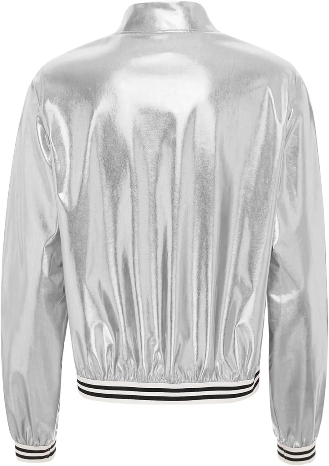 Women's Sparkly Holographic Lightweight Bomber Jacket Shiny Metallic Zipper Up Coat Outerwear