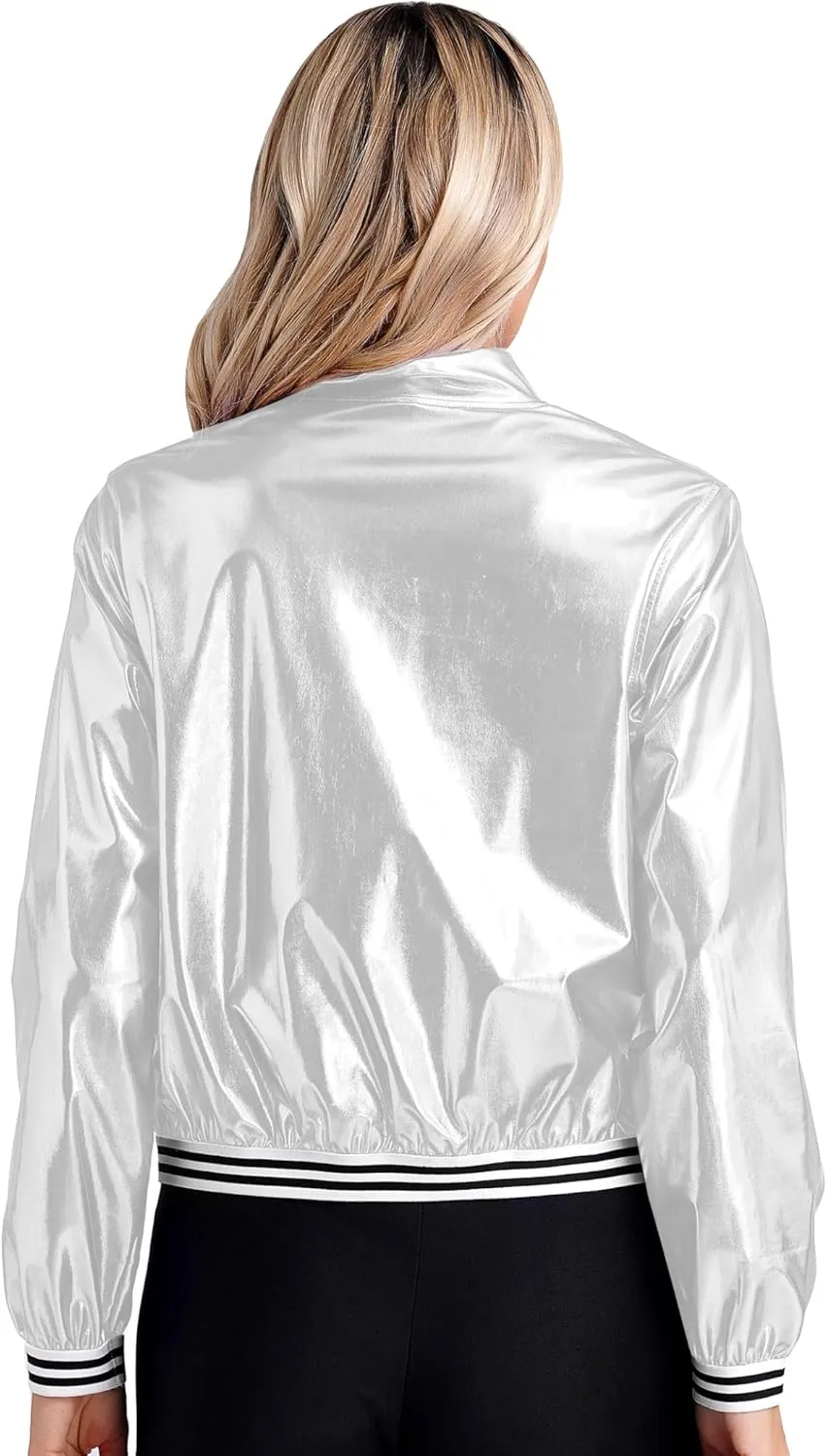Women's Sparkly Holographic Lightweight Bomber Jacket Shiny Metallic Zipper Up Coat Outerwear