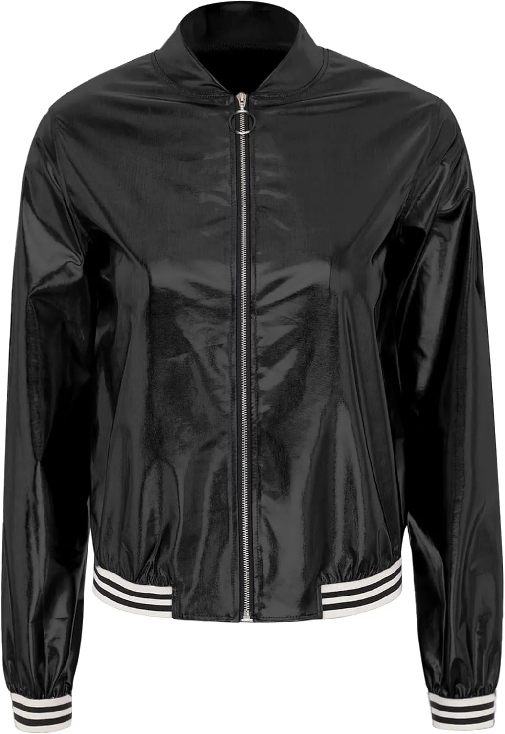 Women's Sparkly Long Sleeve Casual Jackets Adult Holographic Shiny Bomber Jacket Outerwear