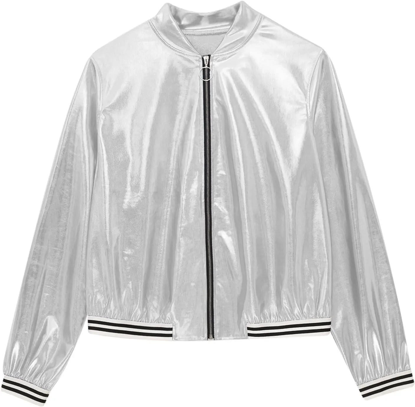 Women's Sparkly Long Sleeve Casual Jackets Adult Holographic Shiny Bomber Jacket Outerwear