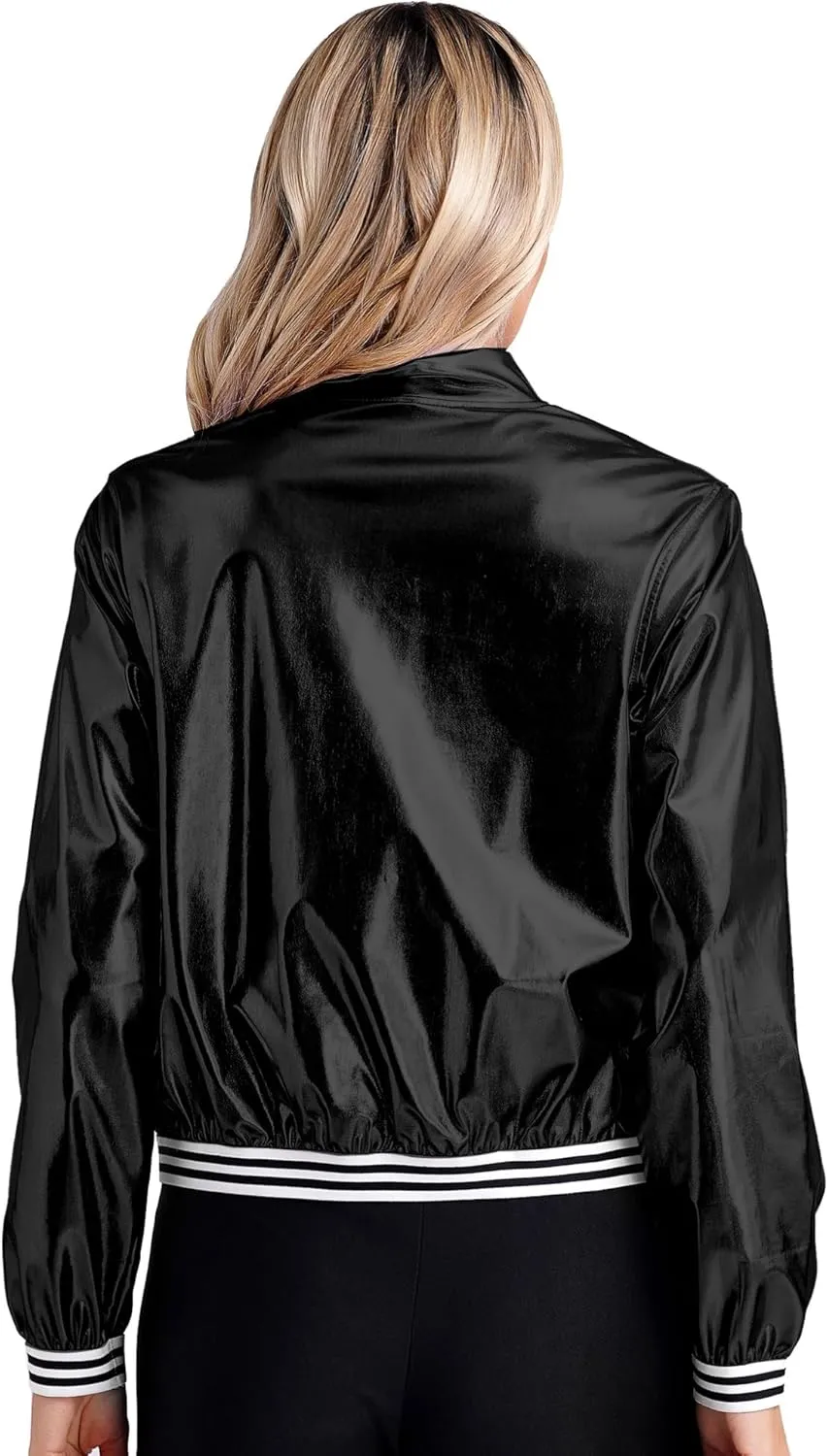 Women's Sparkly Long Sleeve Casual Jackets Adult Holographic Shiny Bomber Jacket Outerwear