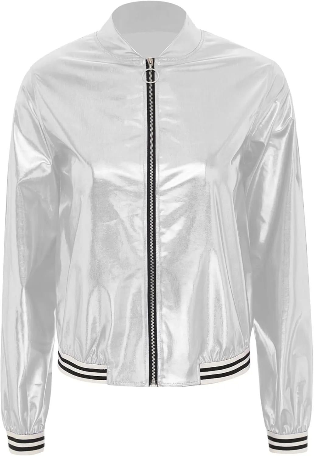 Women's Sparkly Long Sleeve Casual Jackets Adult Holographic Shiny Bomber Jacket Outerwear