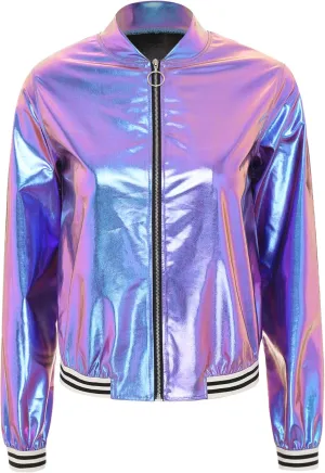 Women's Sparkly Long Sleeve Casual Jackets Adult Holographic Shiny Bomber Jacket Outerwear