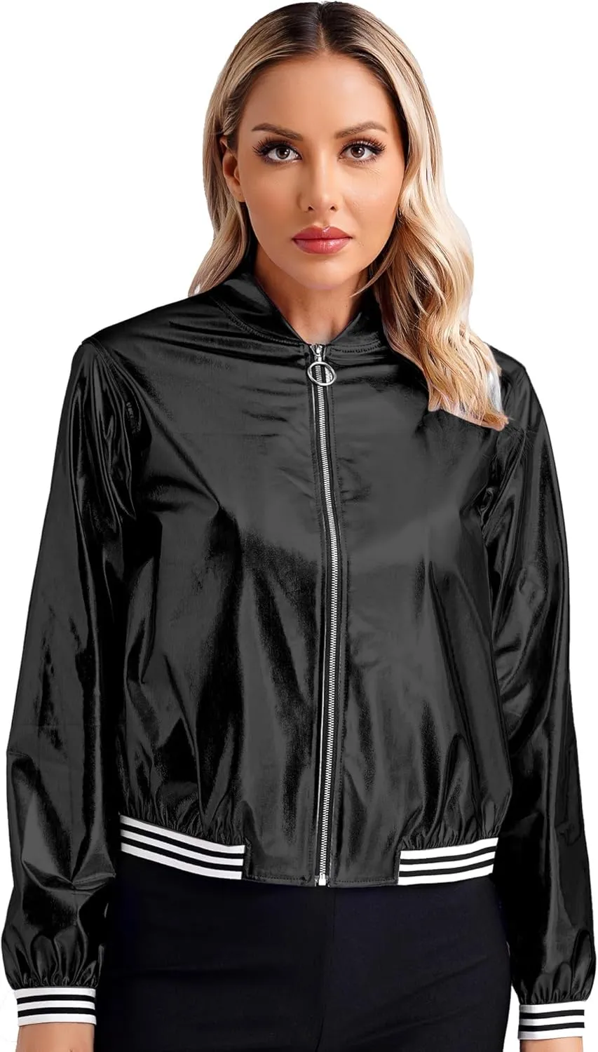 Women's Sparkly Long Sleeve Casual Jackets Adult Holographic Shiny Bomber Jacket Outerwear