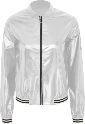 Women's Sparkly Long Sleeve Casual Jackets Adult Holographic Shiny Bomber Jacket Outerwear